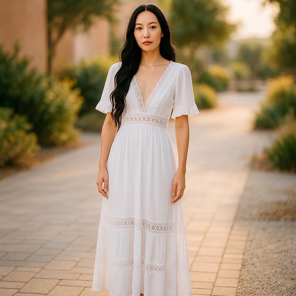 WISHLIST APPAREL White Crochet V Neck Front Open Back  Bohemian Maxi Dress Sz L